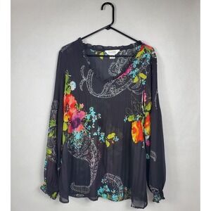 Allison Taylor Womens XL Black Floral Paisley Pleated Chiffon V-Neck Blouse Top